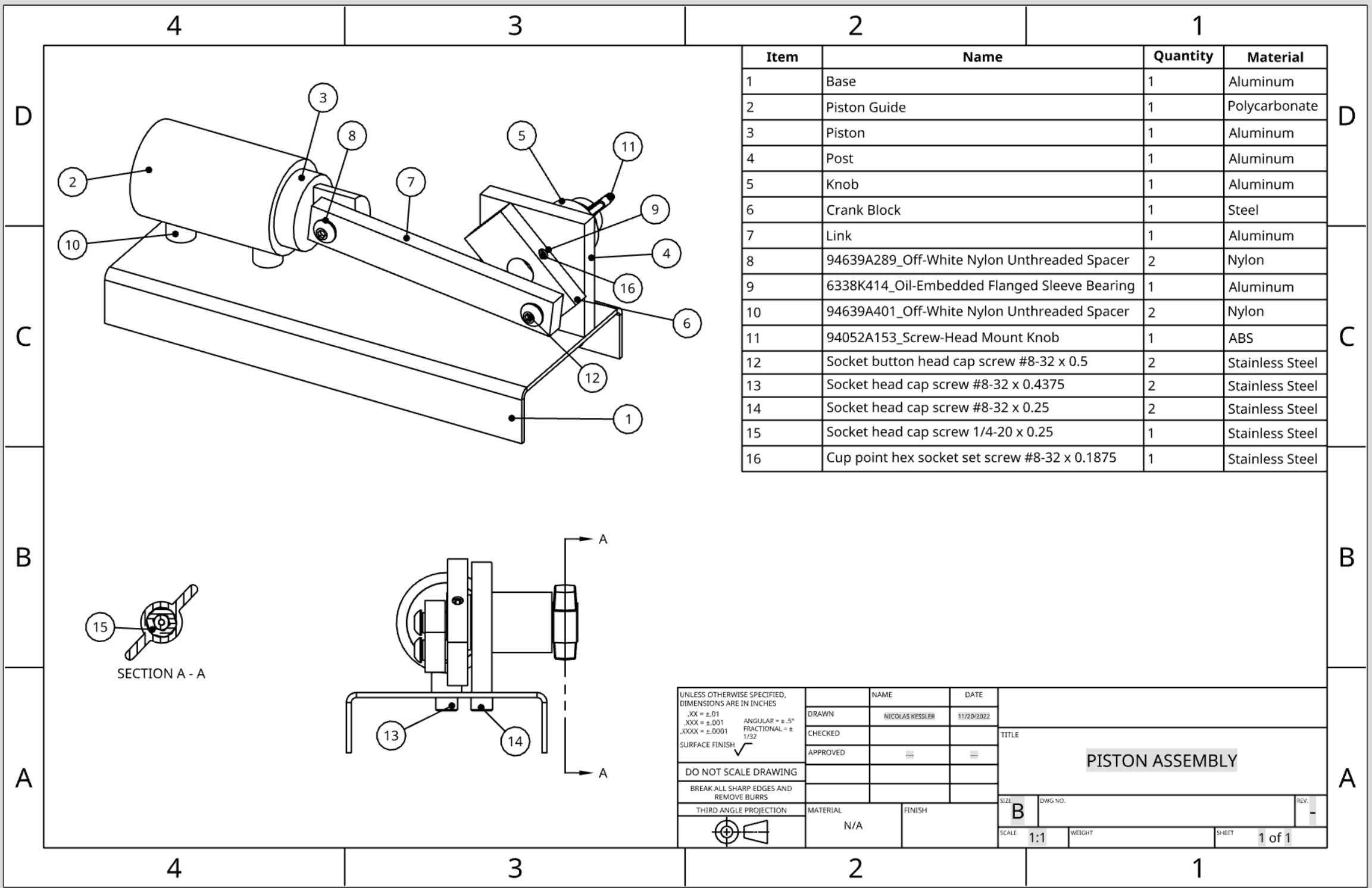 Piston assembly engineering drawing